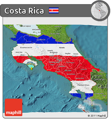 Flag 3D Map of Costa Rica, satellite outside, flag centered