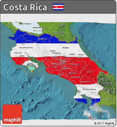 Flag 3D Map of Costa Rica, satellite outside, flag centered