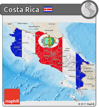 Flag 3D Map of Costa Rica, shaded relief outside, bathymetry sea, flag aligned to the middle