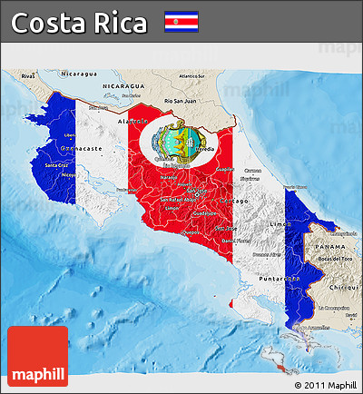 Flag 3D Map of Costa Rica, shaded relief outside, bathymetry sea, flag aligned to the middle