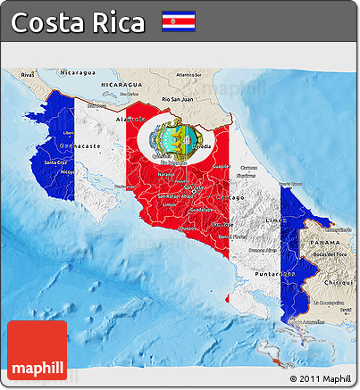 Flag 3D Map of Costa Rica, shaded relief outside, bathymetry sea, flag aligned to the middle