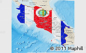 Flag 3D Map of Costa Rica, shaded relief outside, bathymetry sea, flag aligned to the middle