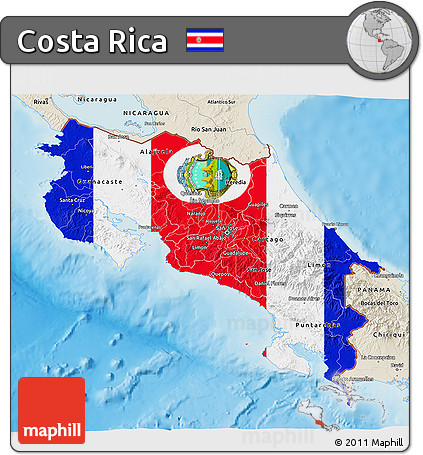 Flag 3D Map of Costa Rica, shaded relief outside, flag aligned to the middle