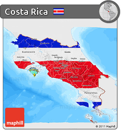 Flag 3D Map of Costa Rica, single color outside, bathymetry sea, flag centered