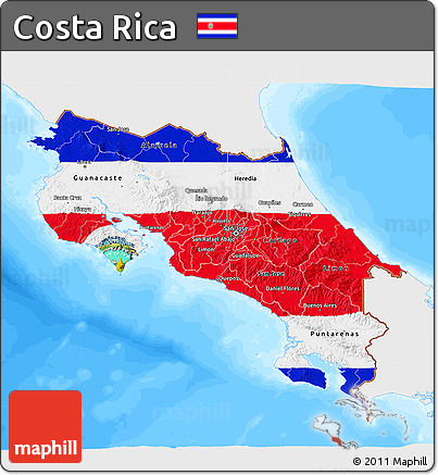 Flag 3D Map of Costa Rica, single color outside, bathymetry sea, flag centered