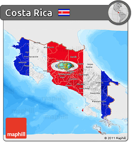 Flag 3D Map of Costa Rica, single color outside, bathymetry sea, flag rotated