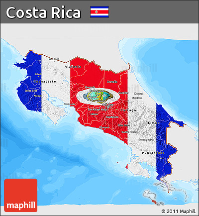 Flag 3D Map of Costa Rica, single color outside, bathymetry sea, flag rotated