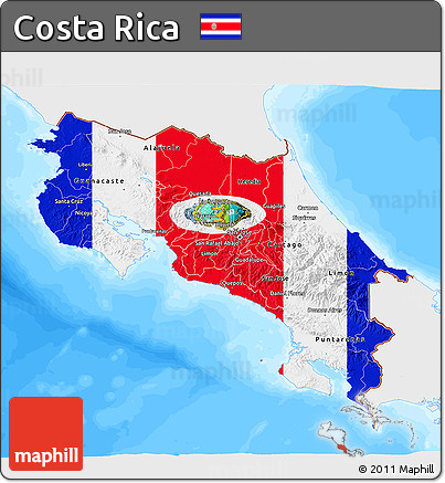 Flag 3D Map of Costa Rica, single color outside, bathymetry sea, flag rotated