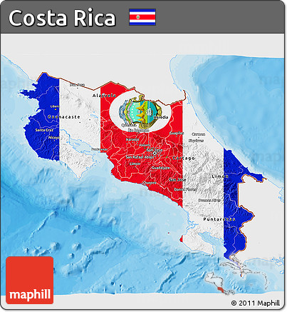 Flag 3D Map of Costa Rica, single color outside, bathymetry sea, shaded relief sea, flag aligned to the middle