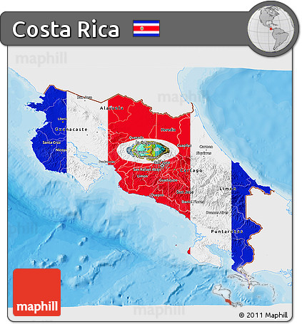 Flag 3D Map of Costa Rica, single color outside, bathymetry sea, shaded relief sea, flag rotated
