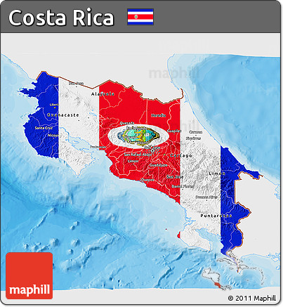 Flag 3D Map of Costa Rica, single color outside, bathymetry sea, shaded relief sea, flag rotated
