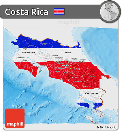 Flag 3D Map of Costa Rica, single color outside, bathymetry sea, shaded relief sea