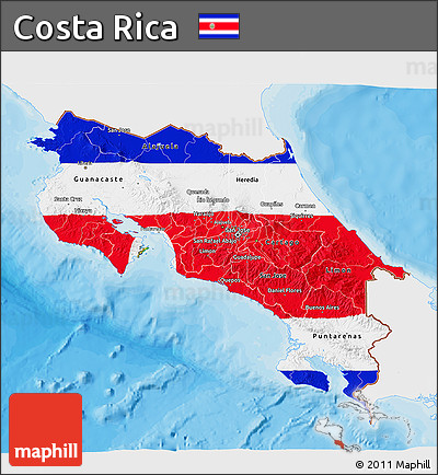 Flag 3D Map of Costa Rica, single color outside, bathymetry sea, shaded relief sea