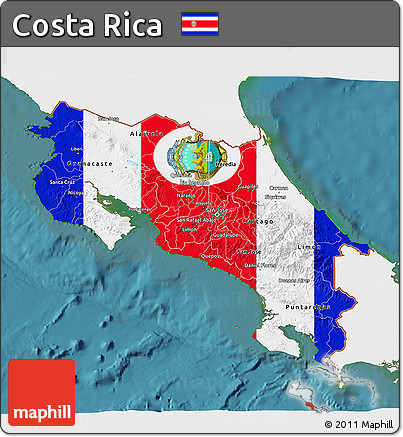 Flag 3D Map of Costa Rica, single color outside, satellite sea, flag aligned to the middle