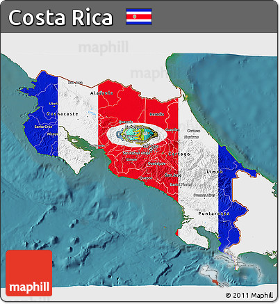 Flag 3D Map of Costa Rica, single color outside, satellite sea, flag rotated