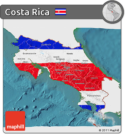 Flag 3D Map of Costa Rica, single color outside, satellite sea