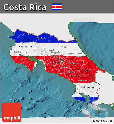 Flag 3D Map of Costa Rica, single color outside, satellite sea