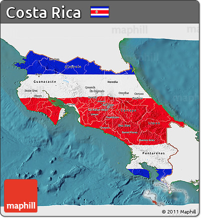 Flag 3D Map of Costa Rica, single color outside, satellite sea