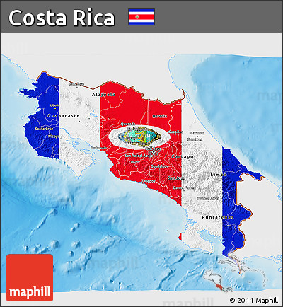 Flag 3D Map of Costa Rica, single color outside, shaded relief sea, flag rotated