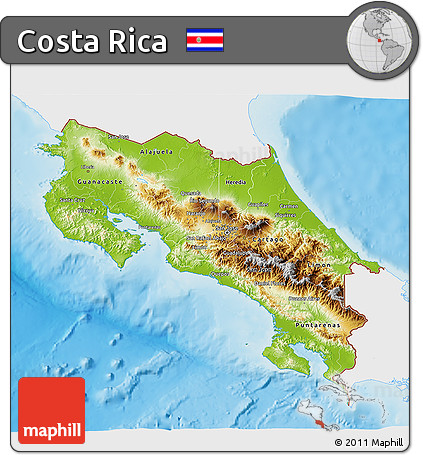 Physical 3D Map of Costa Rica, single color outside