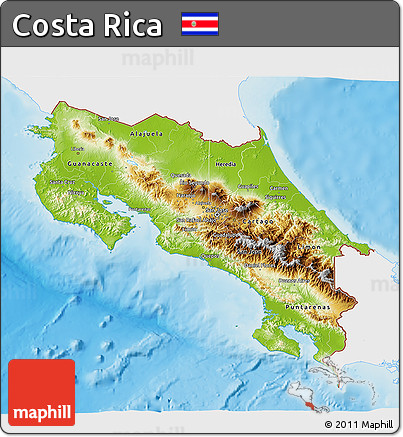 Physical 3D Map of Costa Rica, single color outside
