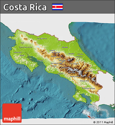 Physical 3D Map of Costa Rica, single color outside, satellite sea