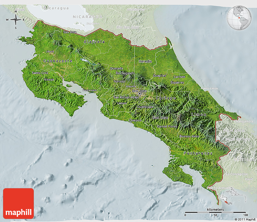 Satellite 3D Map of Costa Rica, lighten