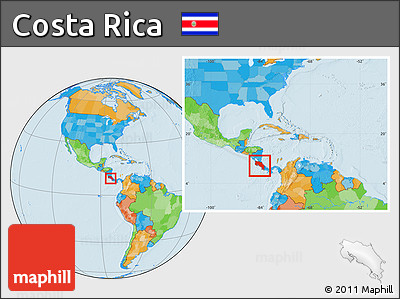 Political Location Map of Costa Rica, within the entire continent