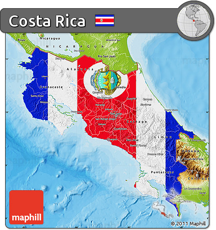 Flag Map of Costa Rica, physical outside, bathymetry sea, flag aligned to the middle