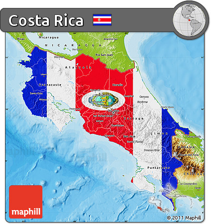 Flag Map of Costa Rica, physical outside, bathymetry sea, flag rotated