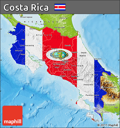 Flag Map of Costa Rica, physical outside, bathymetry sea, flag rotated