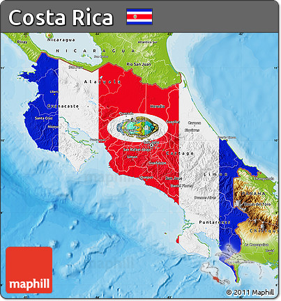 Flag Map of Costa Rica, physical outside, bathymetry sea, flag rotated