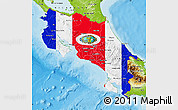 Flag Map of Costa Rica, physical outside, bathymetry sea, flag rotated
