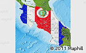 Flag Map of Costa Rica, satellite outside, bathymetry sea, flag aligned to the middle