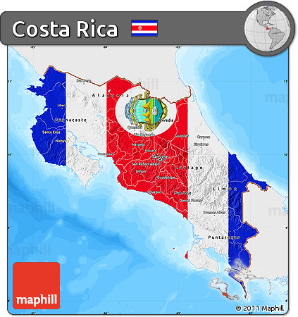 Flag Map of Costa Rica, single color outside, bathymetry sea, flag aligned to the middle