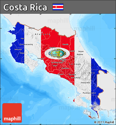 Flag Map of Costa Rica, single color outside, bathymetry sea, flag rotated