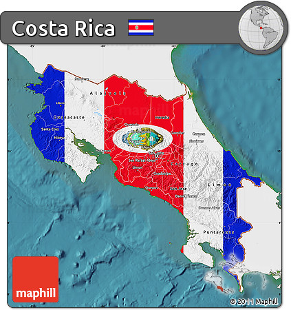Flag Map of Costa Rica, single color outside, satellite sea, flag rotated
