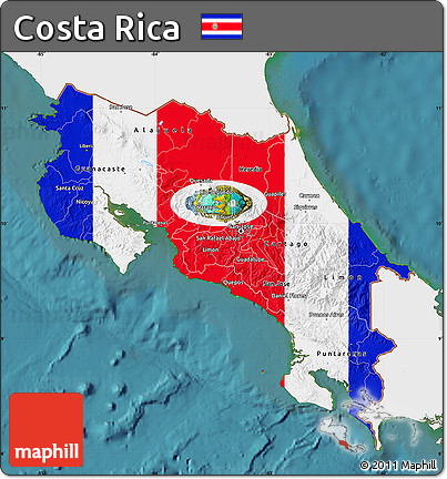 Flag Map of Costa Rica, single color outside, satellite sea, flag rotated