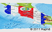 Flag Panoramic Map of Costa Rica, physical outside, bathymetry sea, flag aligned to the middle