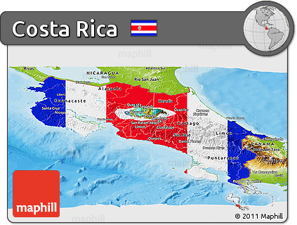 Flag Panoramic Map of Costa Rica, physical outside, bathymetry sea, flag rotated