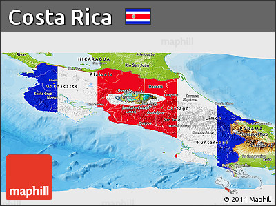 Flag Panoramic Map of Costa Rica, physical outside, bathymetry sea, flag rotated