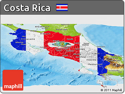 Flag Panoramic Map of Costa Rica, physical outside, bathymetry sea, flag rotated