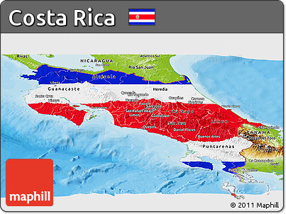 Flag Panoramic Map of Costa Rica, physical outside, bathymetry sea