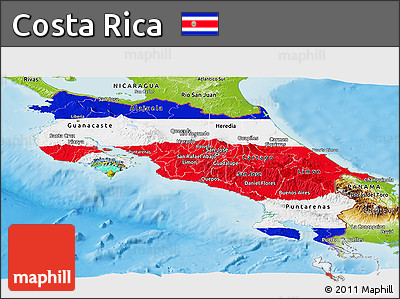Flag Panoramic Map of Costa Rica, physical outside, flag centered