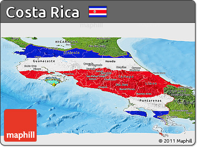 Flag Panoramic Map of Costa Rica, satellite outside, bathymetry sea, flag centered