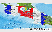 Flag Panoramic Map of Costa Rica, satellite outside, bathymetry sea, flag aligned to the middle