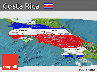 Flag Panoramic Map of Costa Rica, satellite outside, flag centered