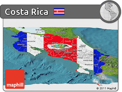 Flag Panoramic Map of Costa Rica, satellite outside, flag rotated
