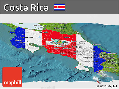 Flag Panoramic Map of Costa Rica, satellite outside, flag rotated