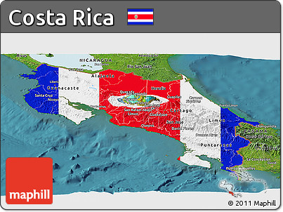 Flag Panoramic Map of Costa Rica, satellite outside, flag rotated